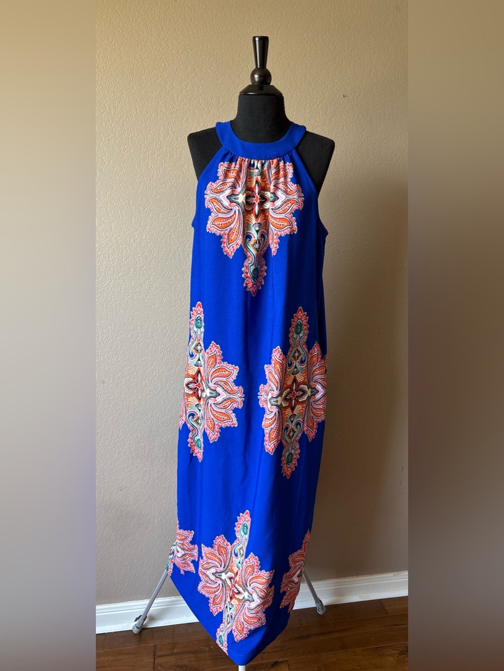 Catherine Malandrino Large Maxi Dress Sleeveless Blue Floral Pockets